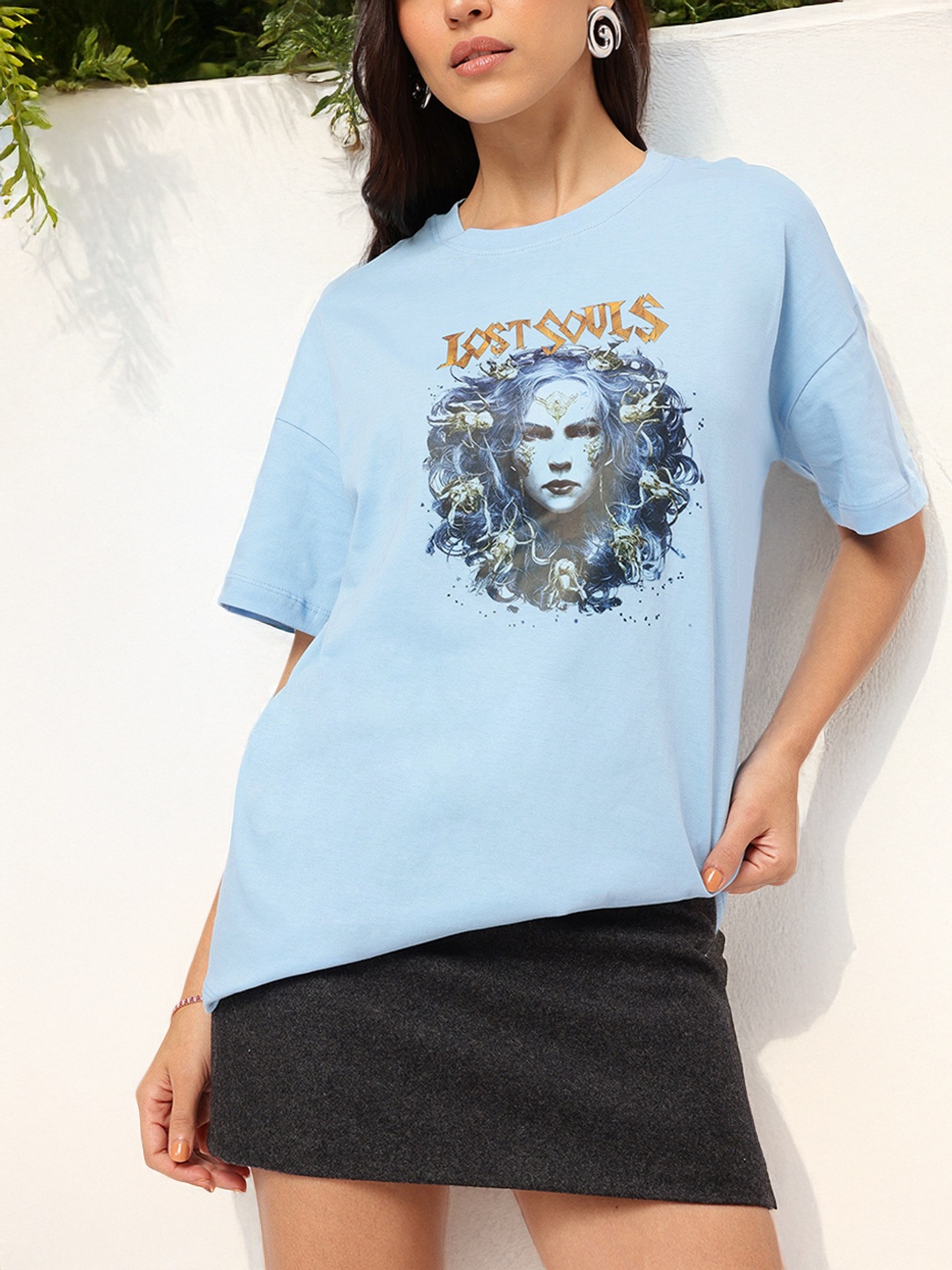 

DressBerry Wandering Souls ComfyCotton Graphic Printed Oversized T-shirt, Blue