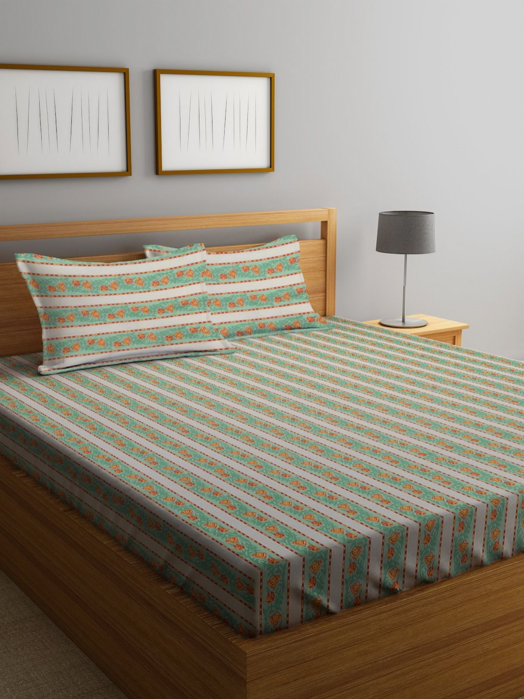 

Myntra Elegant Homes Green & White Striped 400 TC King Bedsheet with 2 Pillow Covers