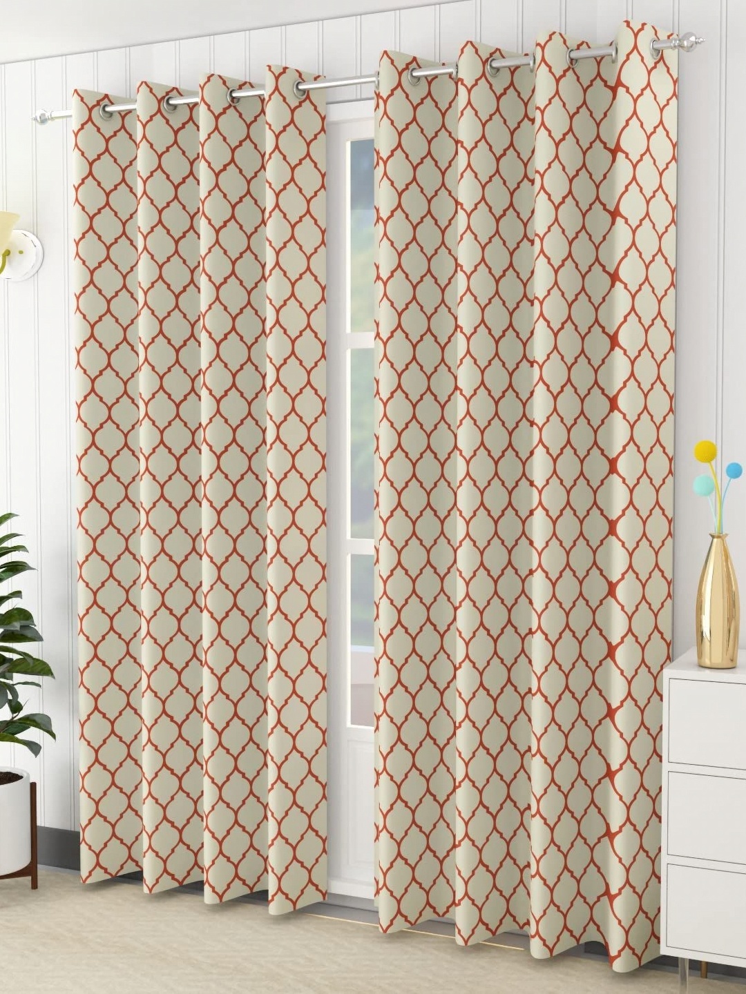 

Trance Home Linen Red & Beige 2 Pieces Printed Cotton Regular Door Curtain