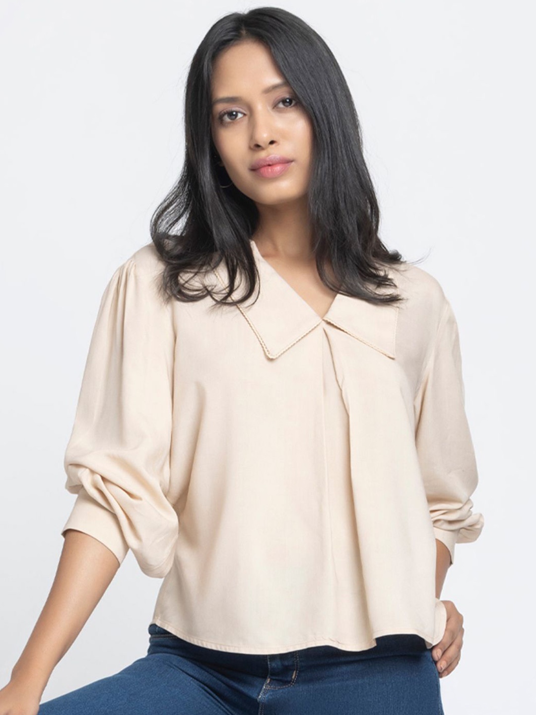 

SHAYE Women Beige Peter Pan Collar Solid Full Sleeves Casual Tops