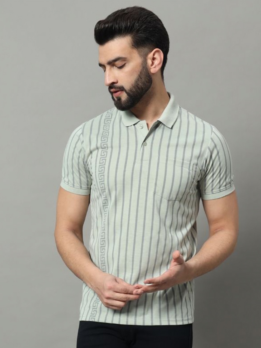 

OGEN Men Striped Polo Collar Pockets T-shirt, Grey