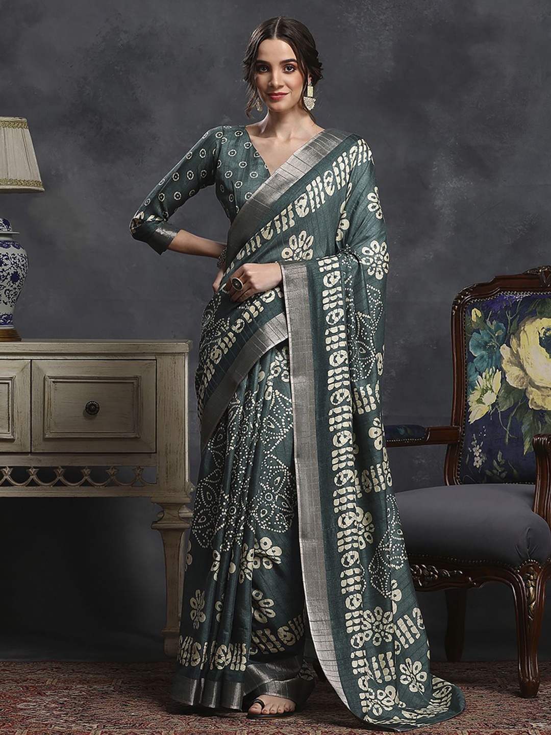 

Anouk Rustic Ethnic Motifs Zari Silk Blend Sungudi Saree, Sea green