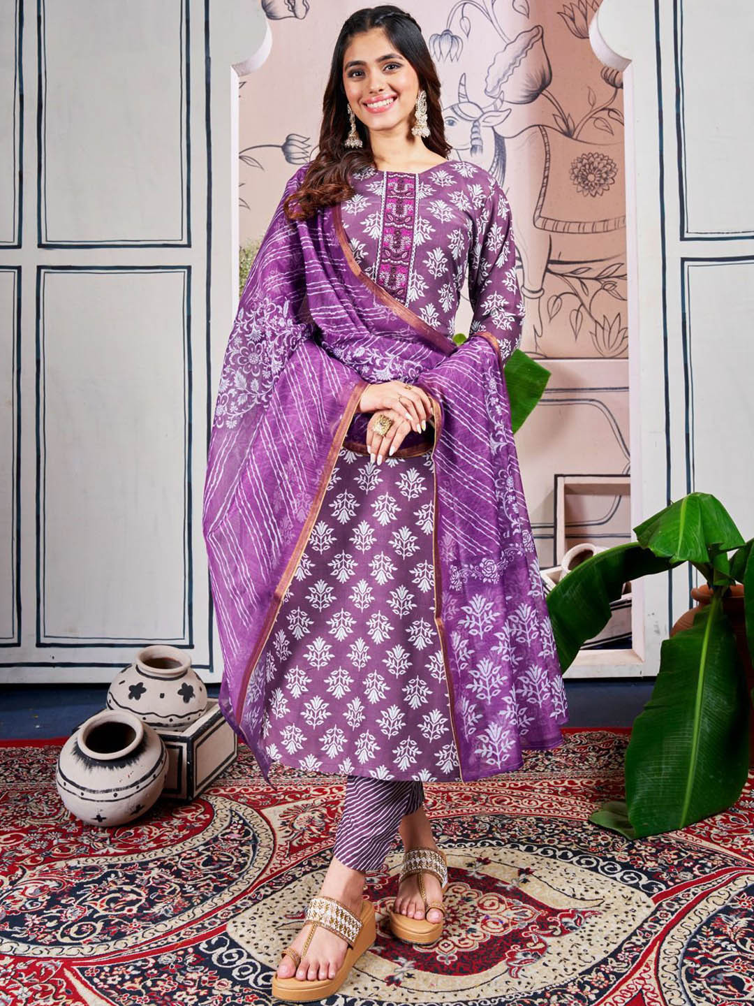 

Anouk Floral Printed Straight Sequinned Kurta With Trousers And Dupatta, Purple