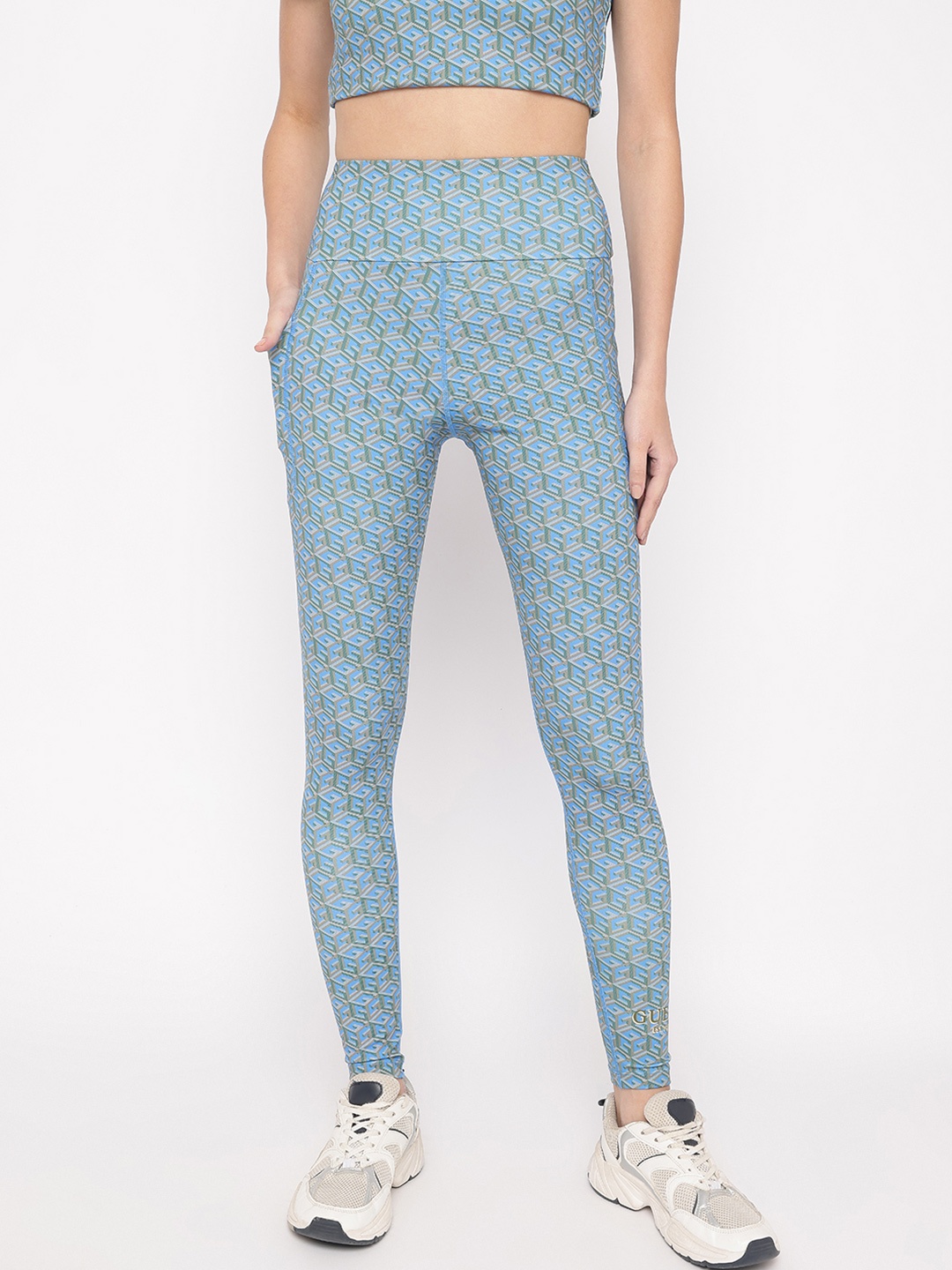 

GUESS Women Printed High Rise Ankle Length Tights, Blue