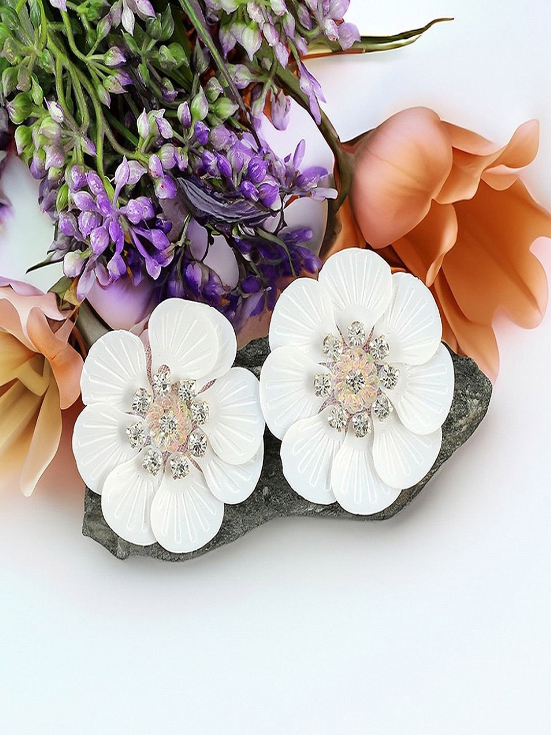 

Sangria Artificial Stones Studded Floral Studs, White