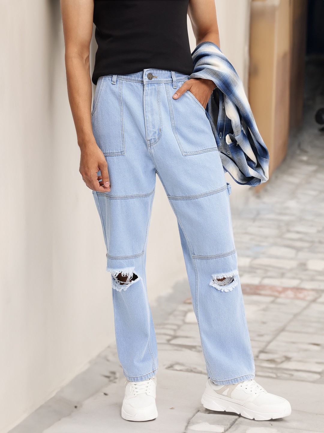 

Kook N Keech Men Baggy Retro Washed Slash Jeans, Blue