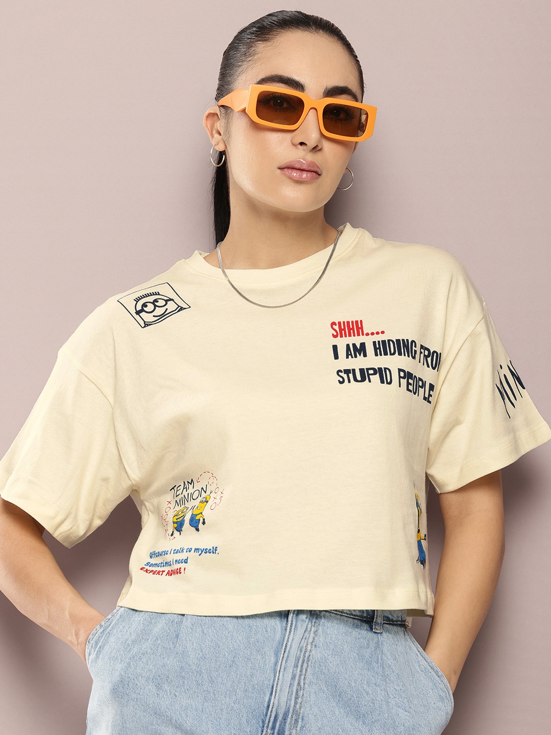 

Minions by Kook N Keech Minions Printed Drop-Shoulder Sleeves Pure Cotton Boxy T-shirt, Cream