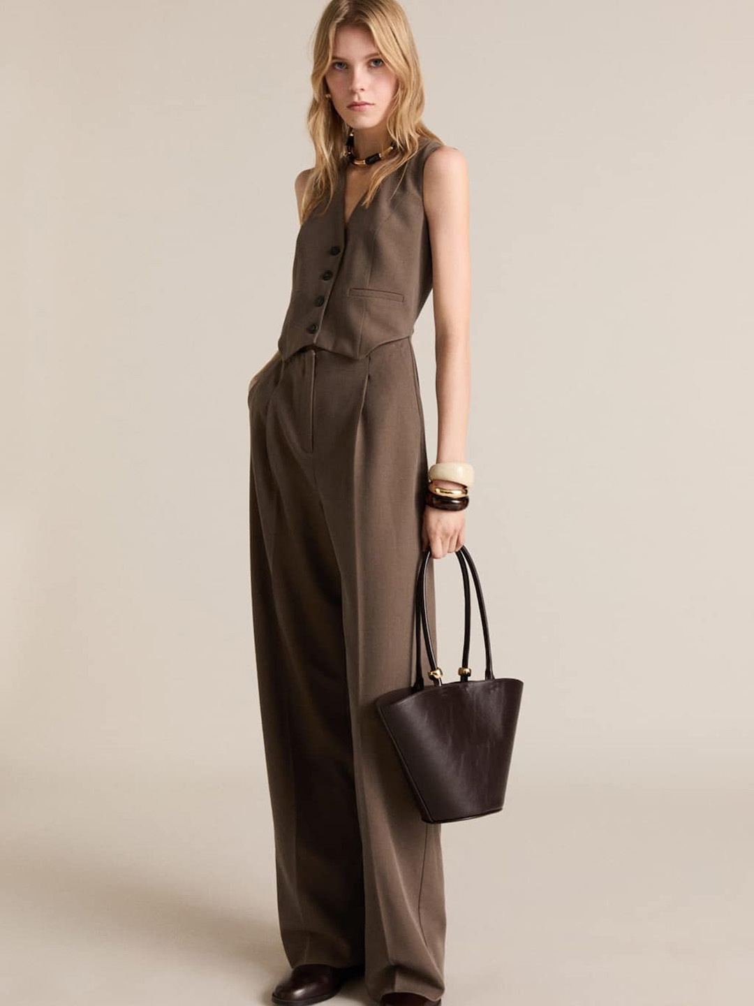 

MANGO Suit-Style Basic Jumpsuit, Brown