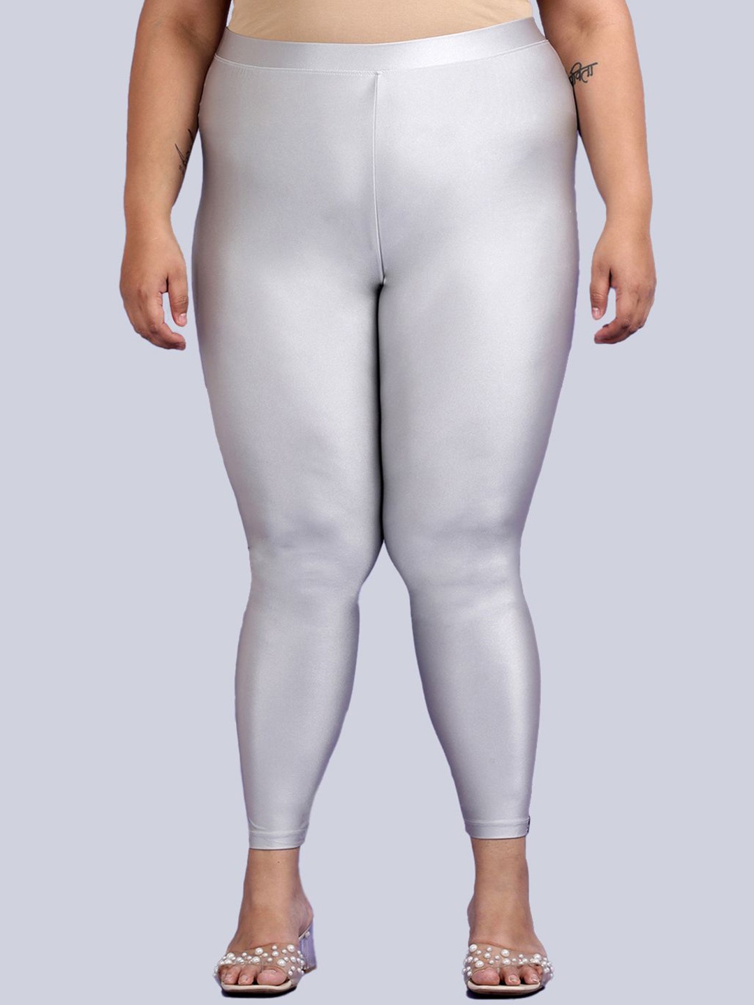 

TWIN BIRDS Plus Size Women Nylon Solid Silver Shimmer Legging