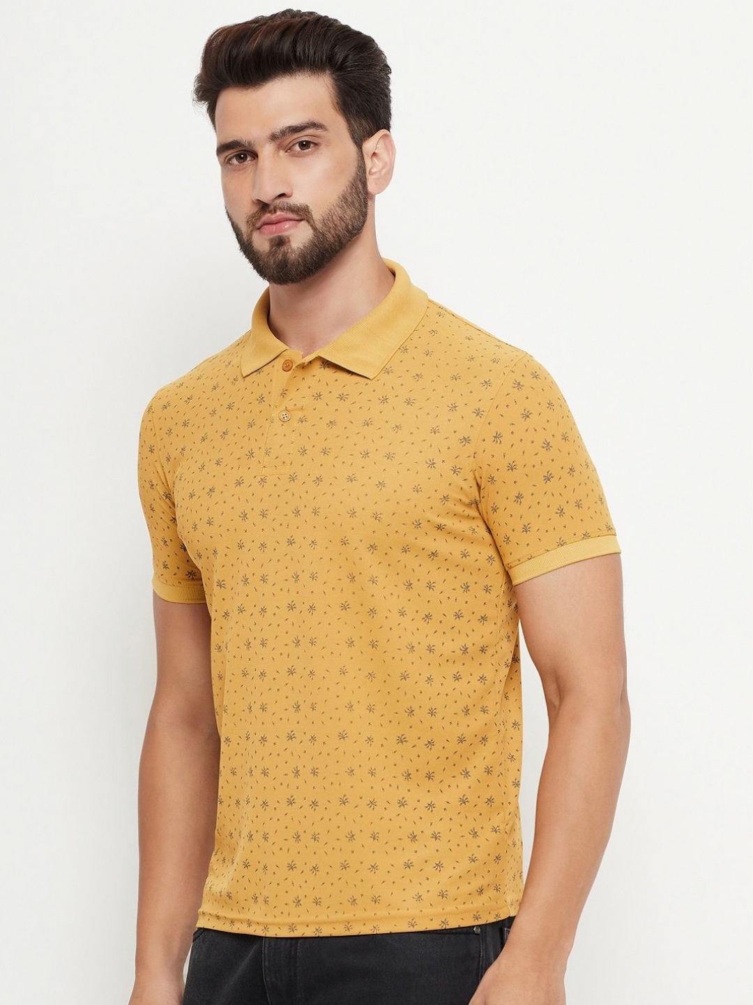 

OGEN Men Printed Polo Collar Pockets T-shirt, Mustard