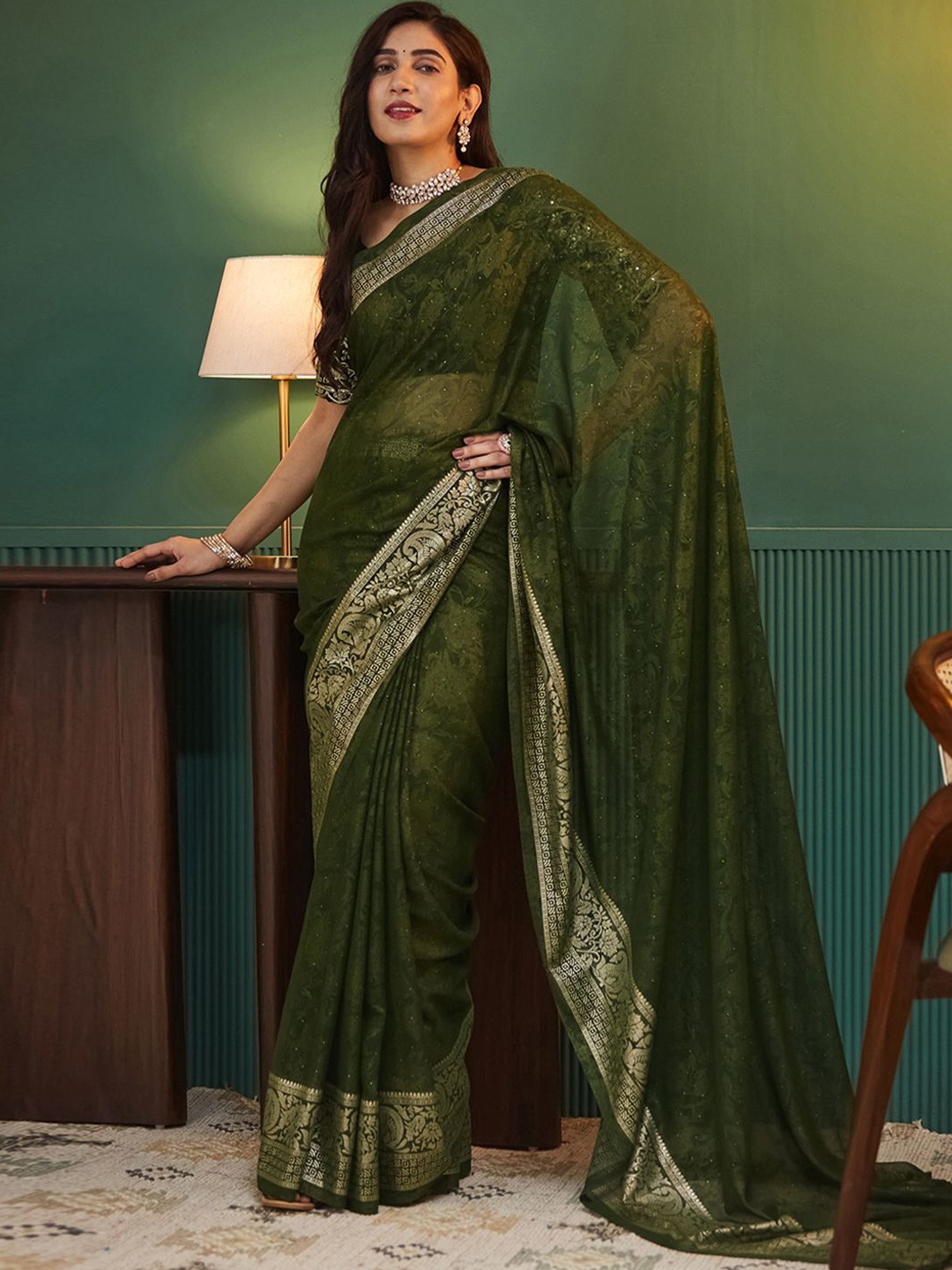 

all about you Woven Design Zari Pure Georgette Banarasi Saree, Olive