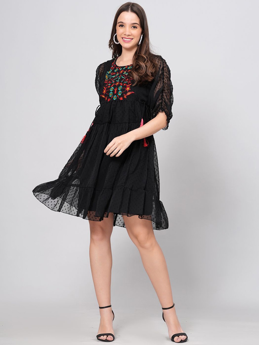 

AARDRAA Embroidered Puff Sleeve Georgette Fit & Flare Midi Dress, Black