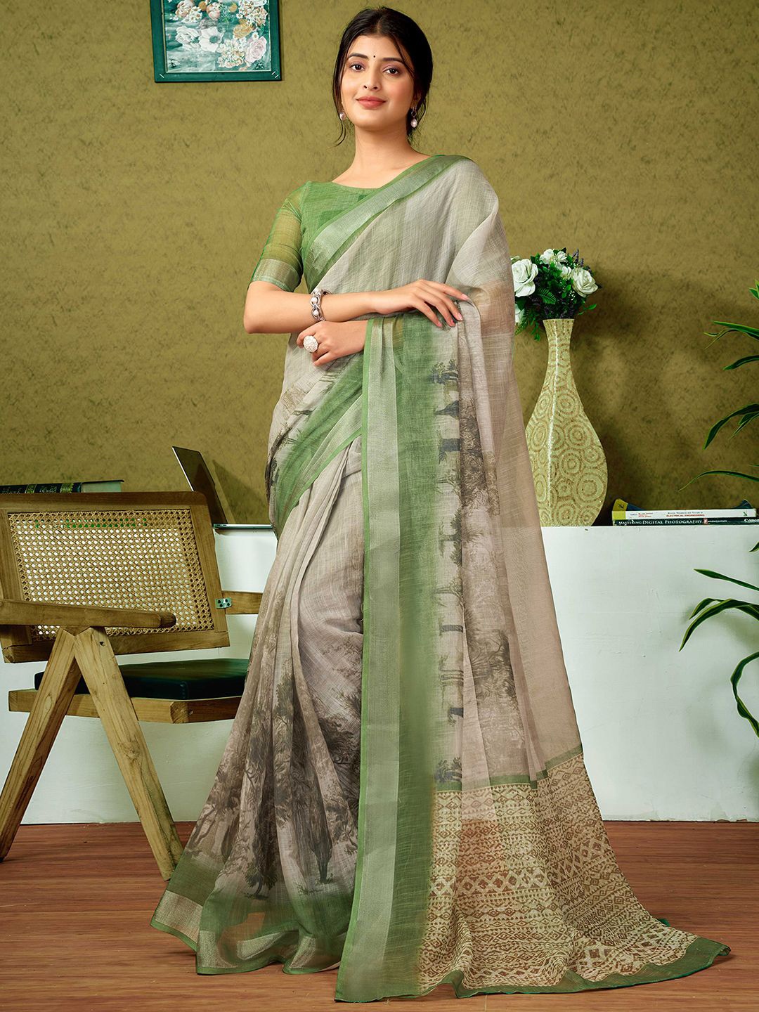 

all about you Zari Pure Linen Ready to Wear Saree, Green