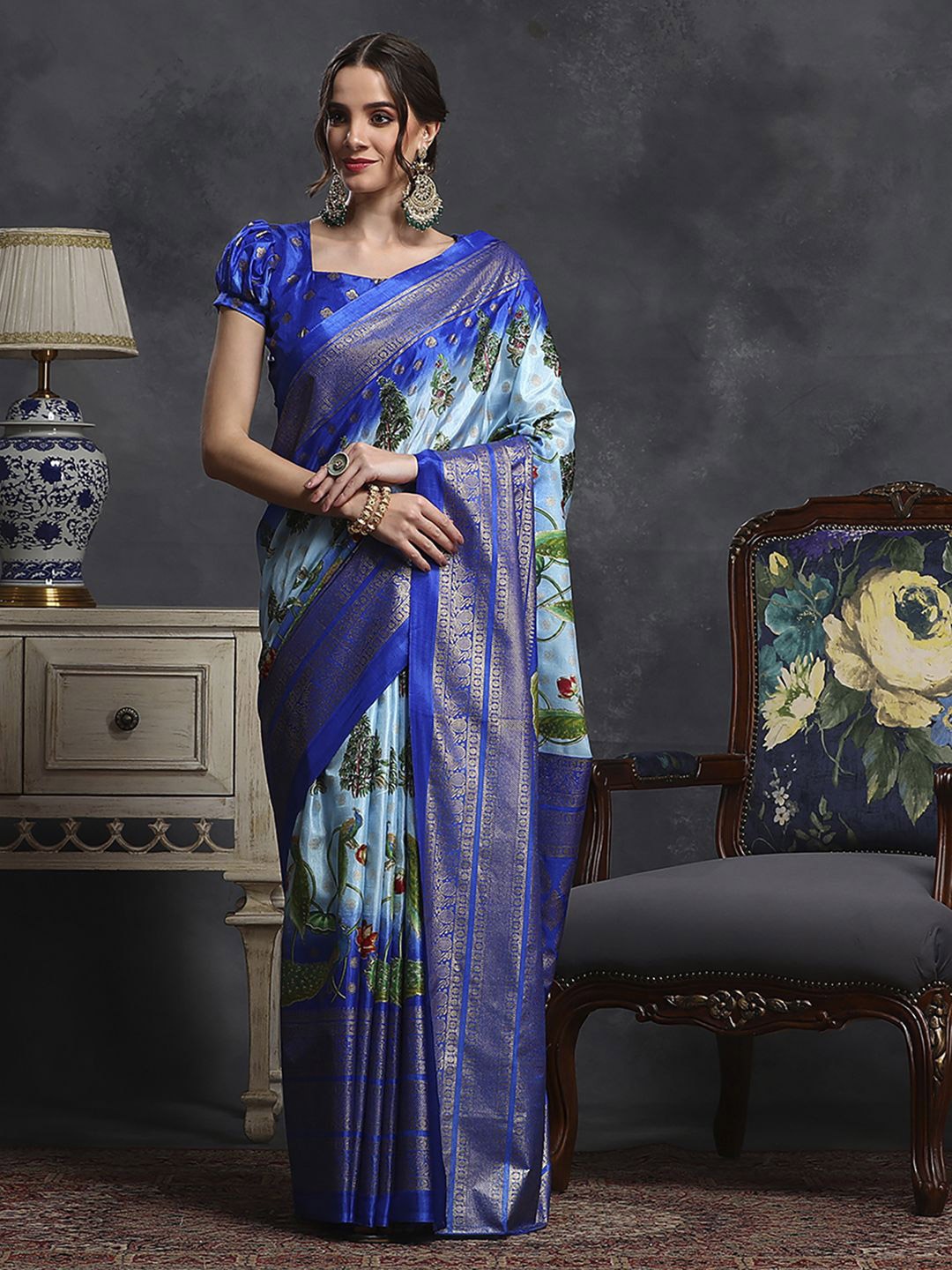 

Mitera Kalamkari Zari Silk Blend Bagh Saree, Blue