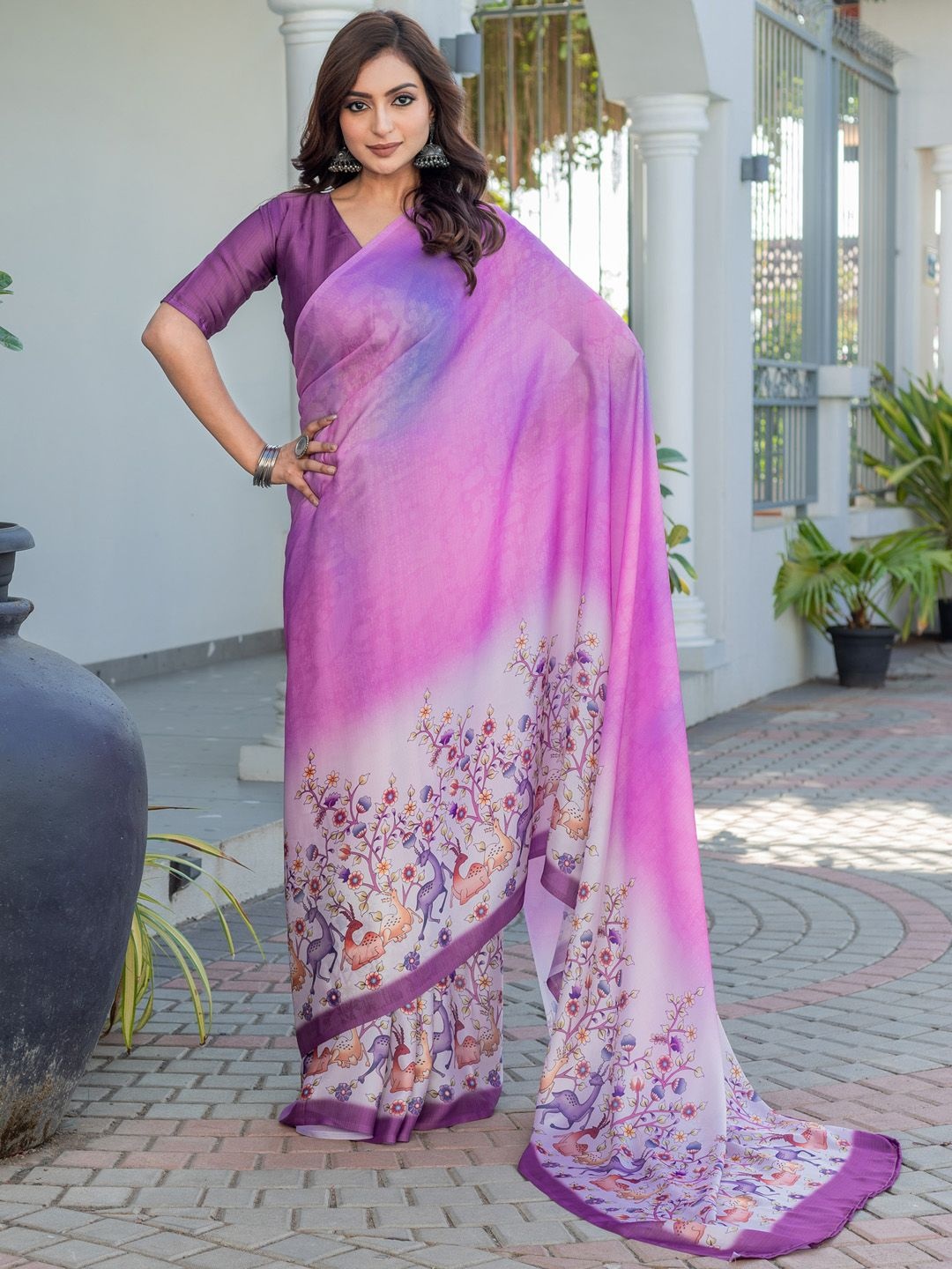 

Mitera Kalamkari Satin Muga Saree, Purple