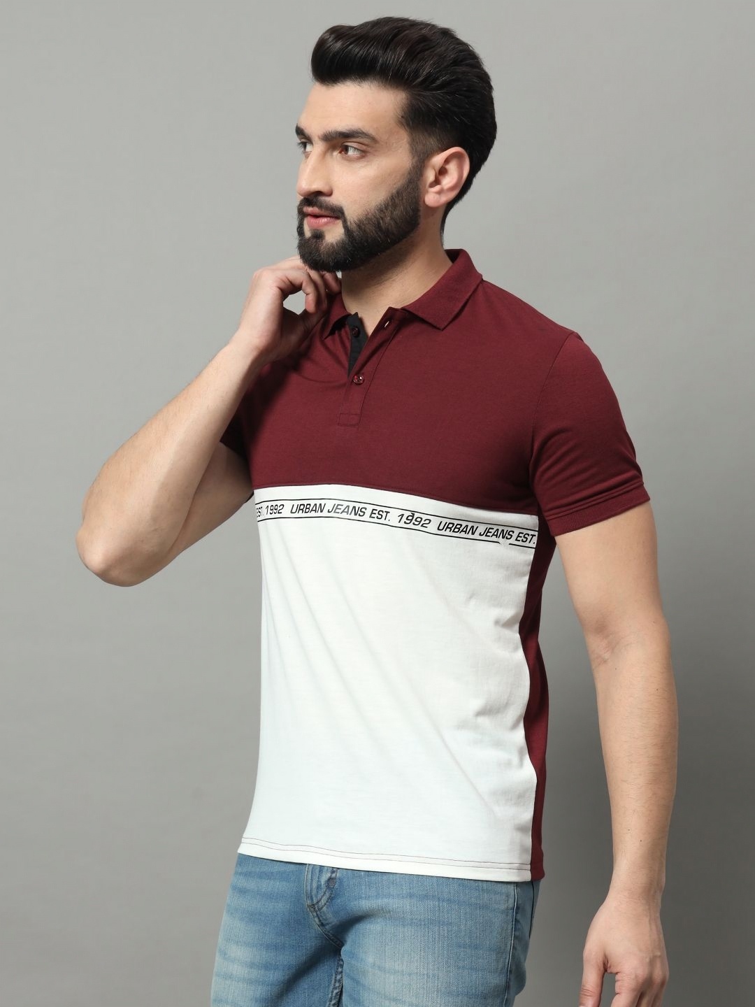 

OGEN Men Colourblocked Polo Collar Pockets T-shirt, Maroon