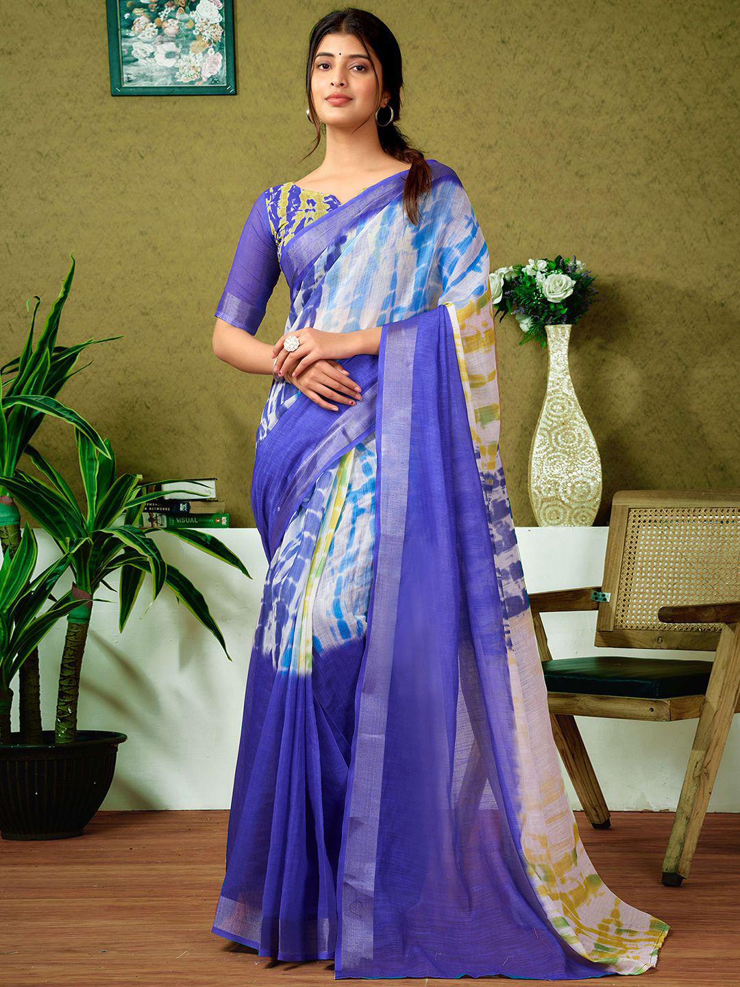 

all about you Tie and Dye Zari Pure Linen Ready to Wear Saree, Navy blue