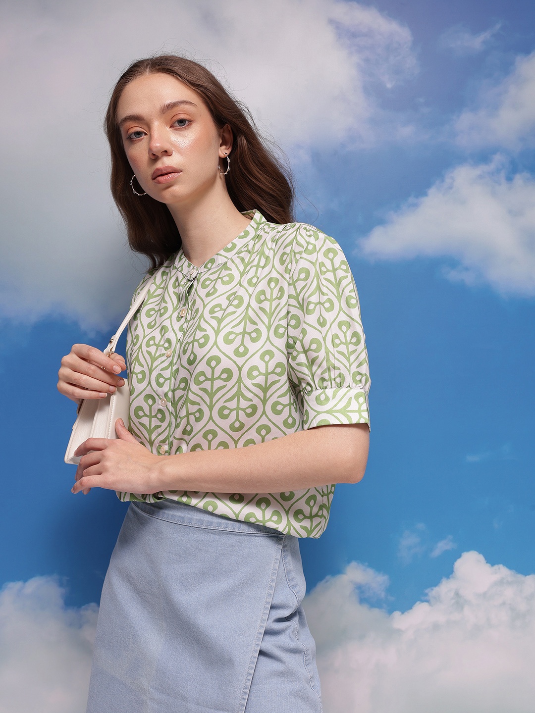

CORSICA Printed Puff Sleeve Top, Cream