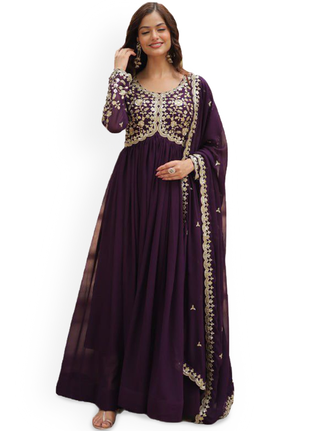 

FVD Embroidered Round Neck Ethnic Dress, Purple