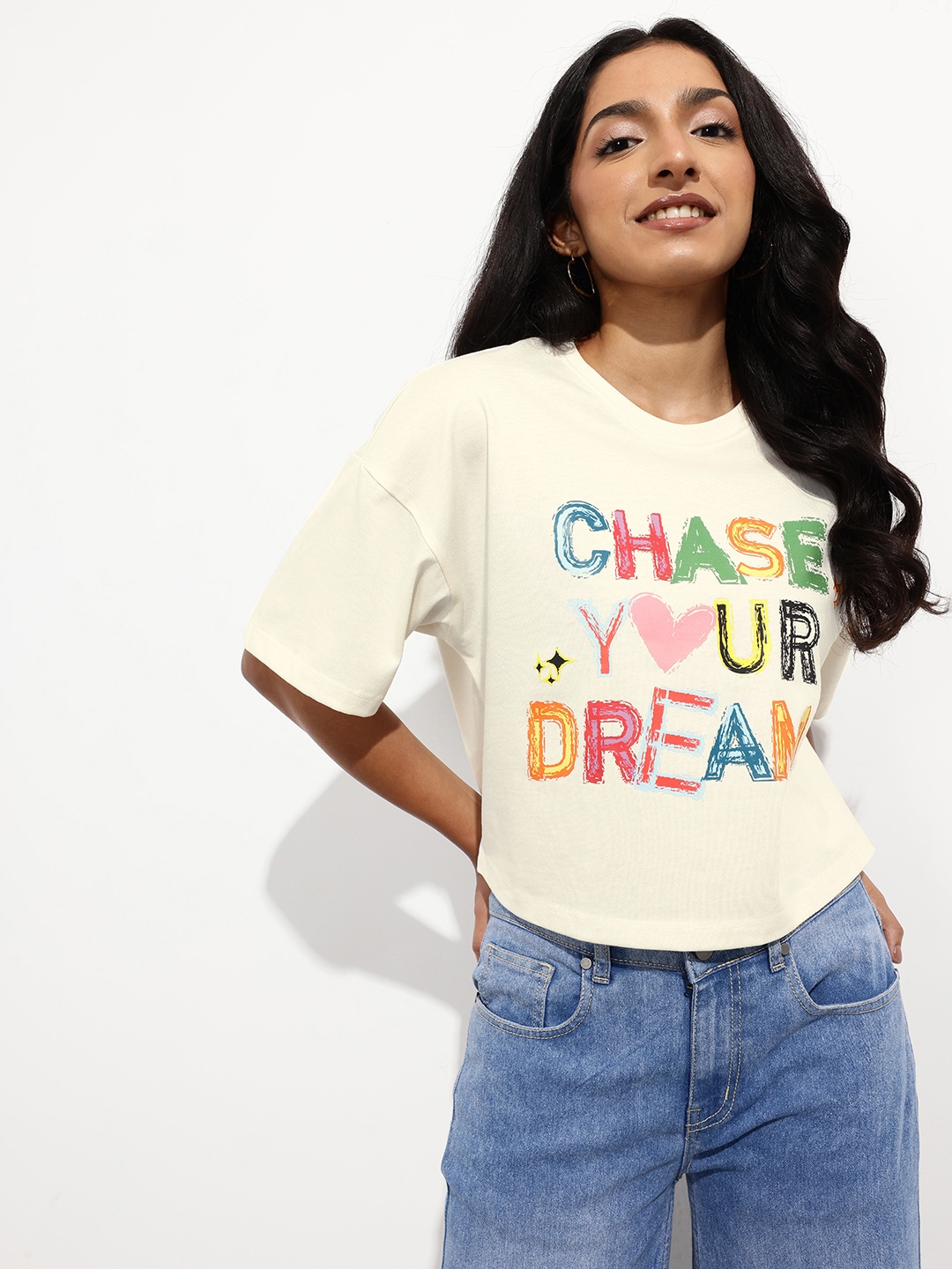 

DressBerry Positive Vibe Mantra Boxy Crop T-shirt, Off white