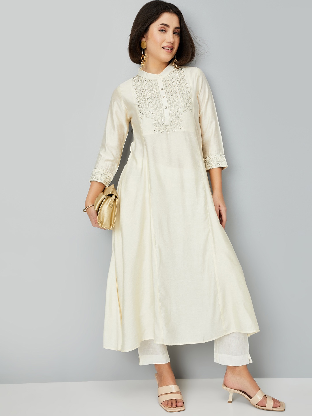

max Floral Yoke Design Sequinned Mandarin Collar Anarkali Kurta, Beige