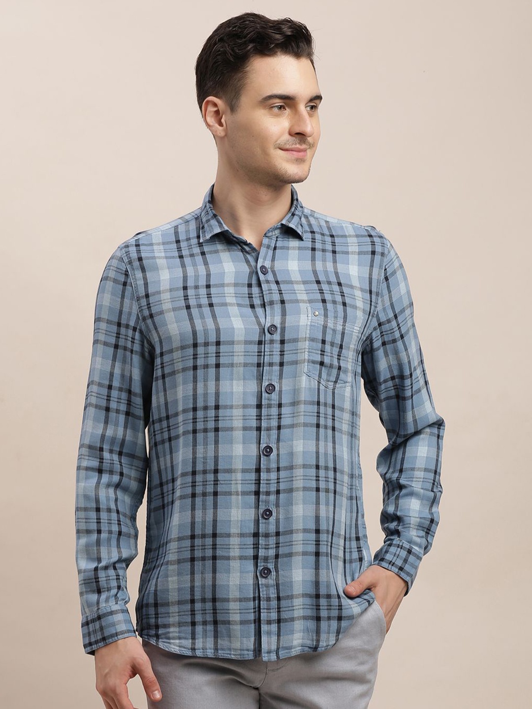 

Turtle Men Relaxed Slim Fit Tartan Checks Opaque Checked Casual Shirt, Blue