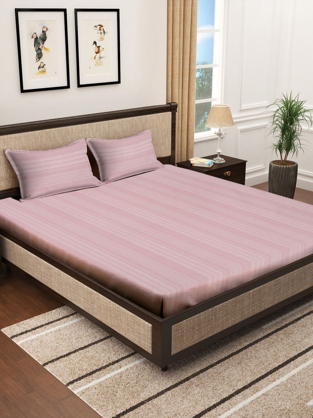 

Myntra Elegant Homes Pink Striped 400 TC King Bedsheet with 2 Pillow Covers
