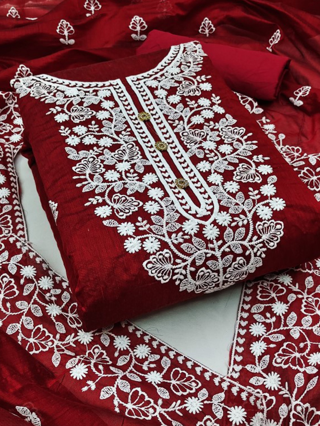 

Rangtulika Ethnics Embroidered Unstitched Dress Material, Red