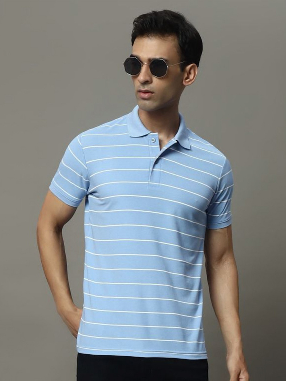 

OGEN Men Striped Polo Collar Pockets T-shirt, Blue