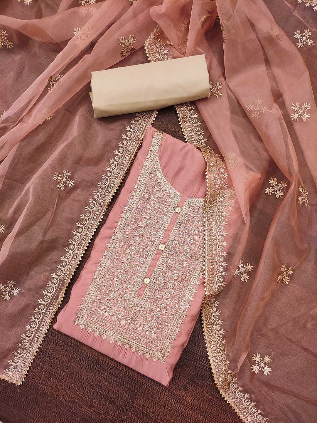 

Blissta Floral Embroidered Sequinned Organza Unstitched Dress Material, Peach