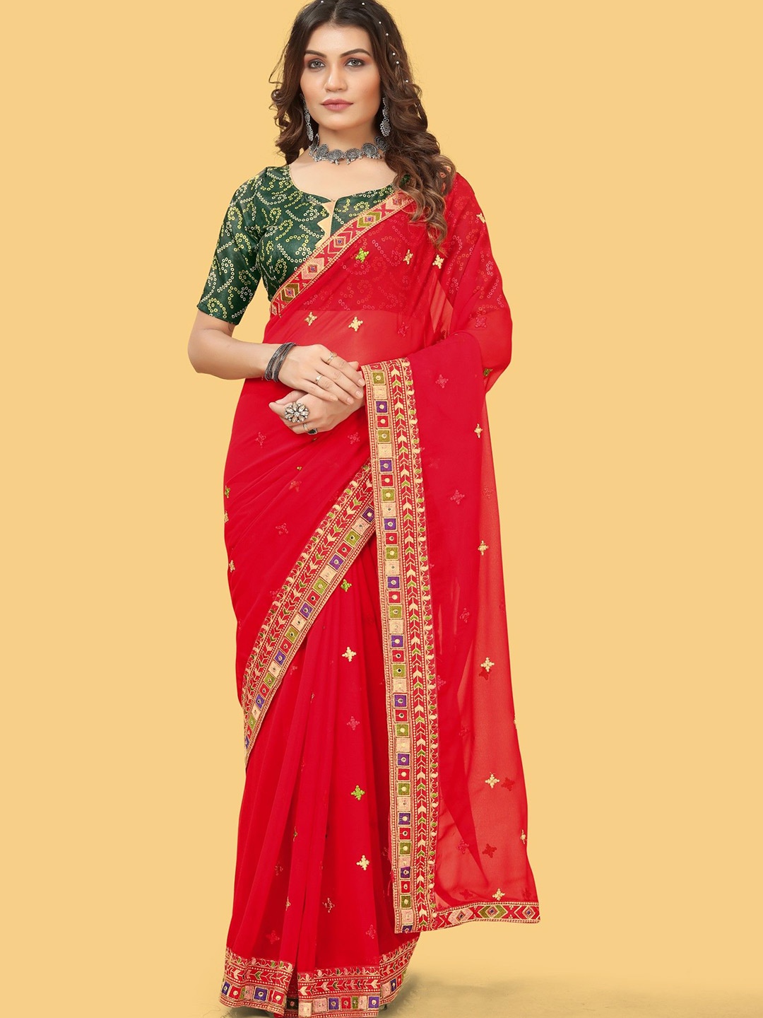

DIVASTRI Embellished Embroidered Poly Georgette Saree, Red