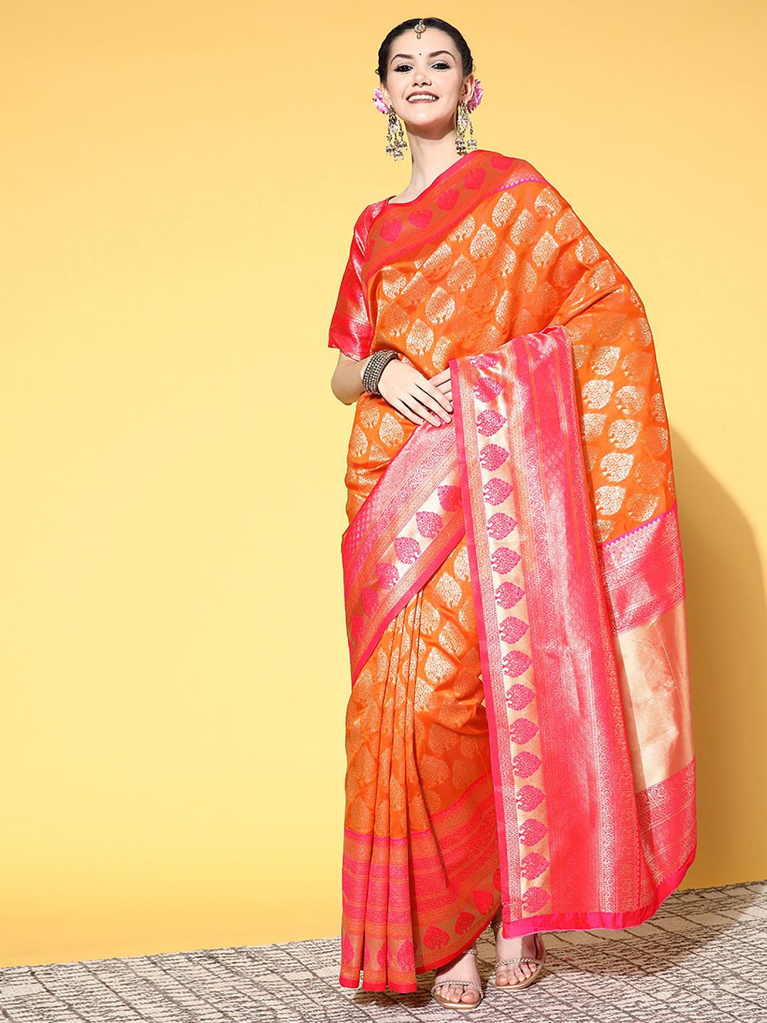 

Anouk Rustic Bagh Zari Silk Blend Dharmavaram Saree, Orange