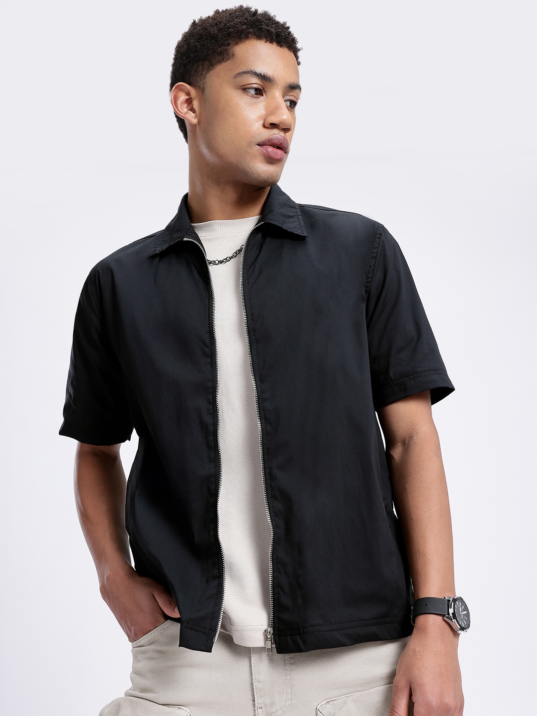 

glitchez Relax-In-Style Opaque Zip-Up Casual Shirt, Black