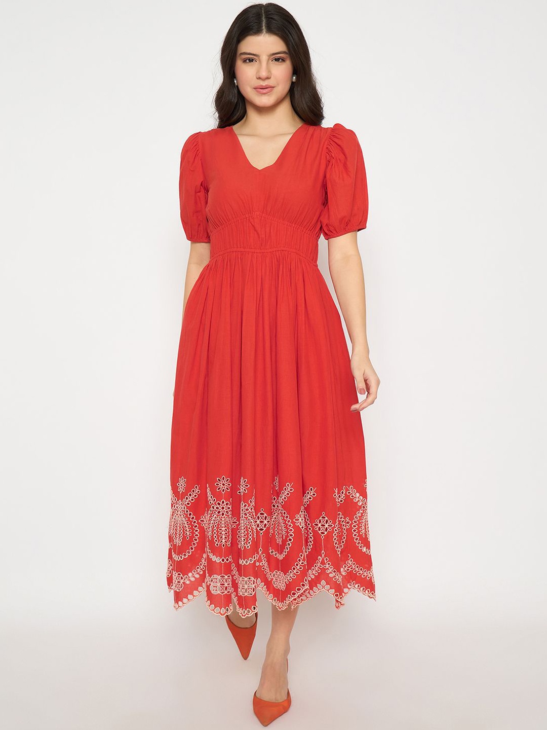 

Madame Puff Sleeve Fit & Flare Midi Dress, Red