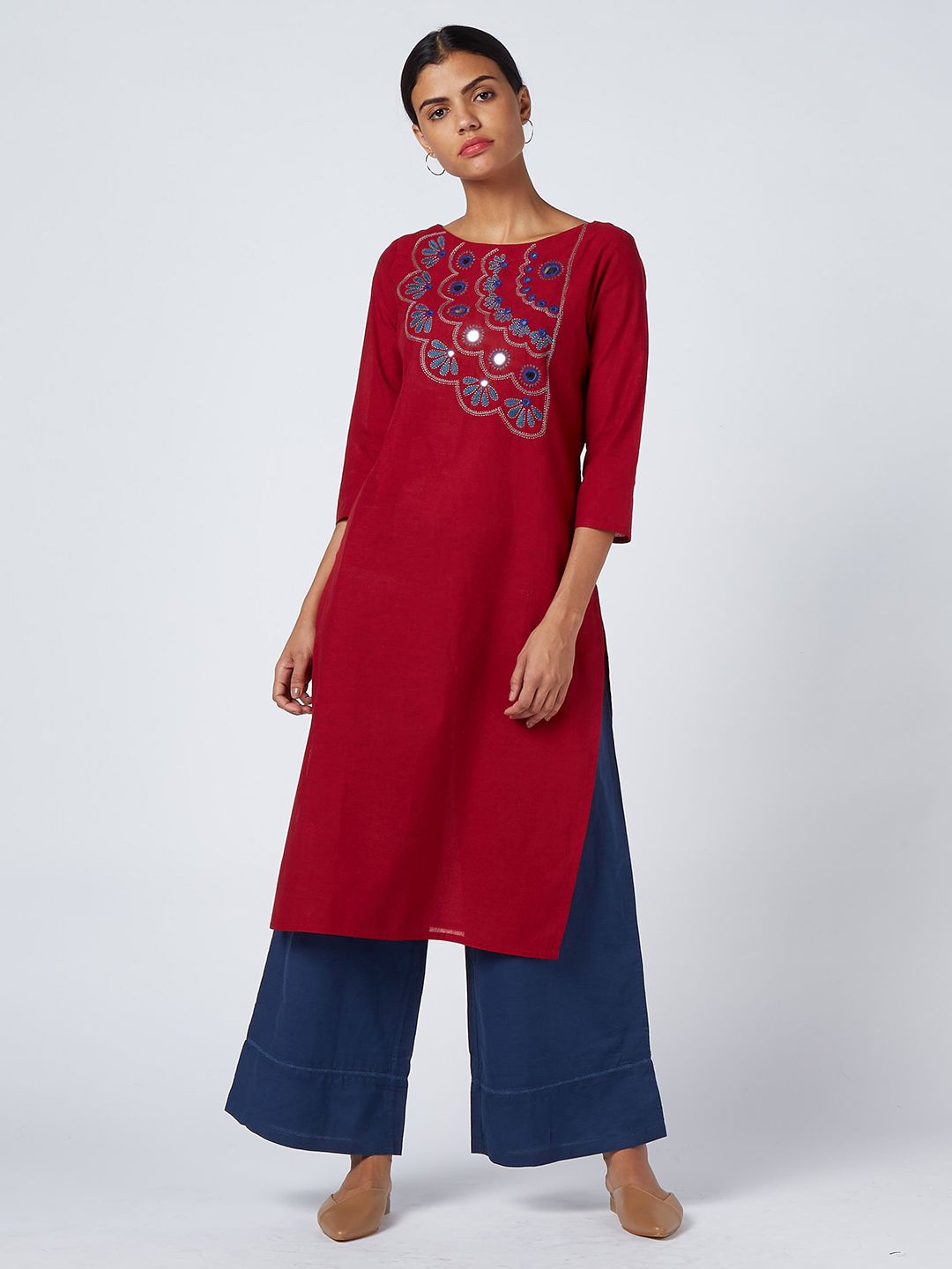 

OKHAI Ethnic Motifs Embroidered Mirror Work Cotton Straight Kurta, Red