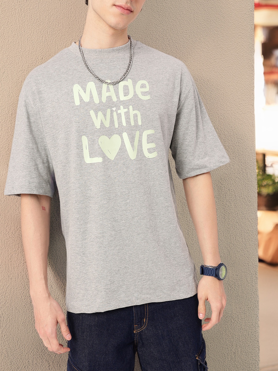

Kook N Keech Classic Grunge Typography Printed Oversized T-shirt, Grey melange