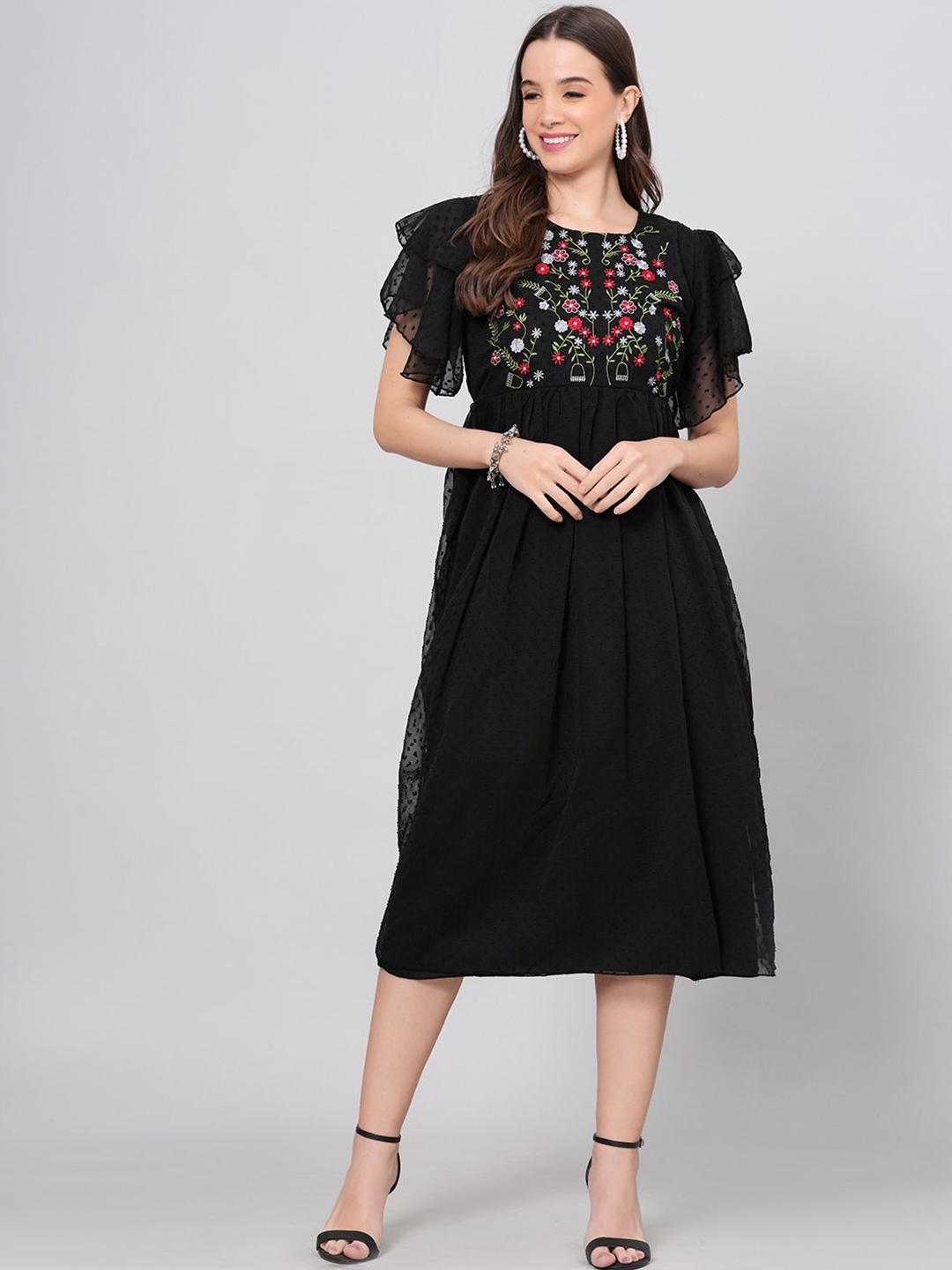 

AARDRAA Embroidered Puff Sleeve Georgette Fit & Flare Midi Dress, Black