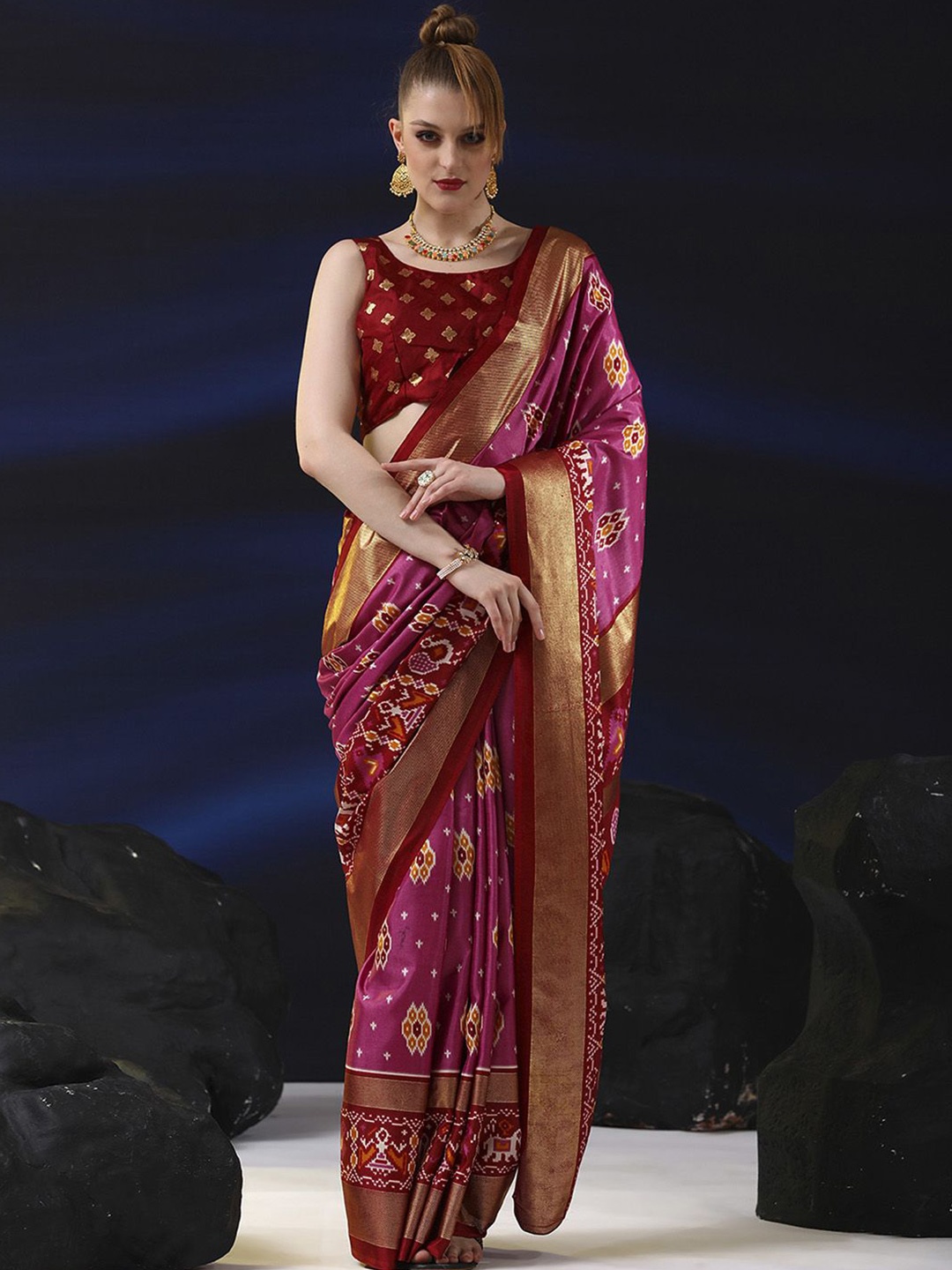 

Anouk Rustic Zari Silk Blend Pochampally Saree, Pink