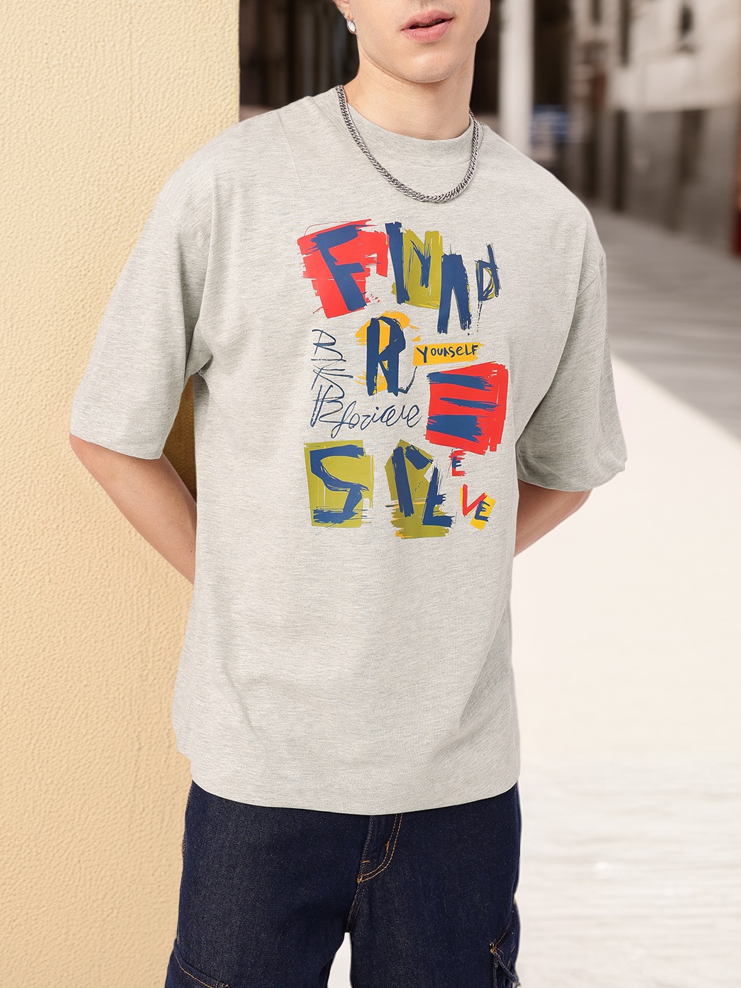 

Grunge Touch Typography Printed Oversized T-shirt, Grey melange