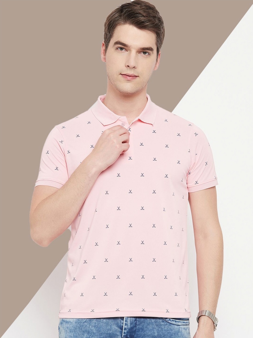 

OGEN Men Printed Polo Collar Pockets T-shirt, Pink