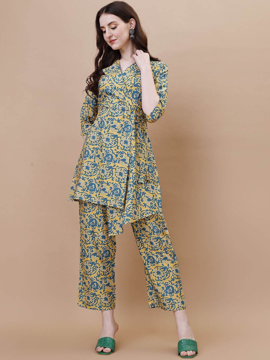 

Moda Rapido Floral Printed Lapel Tunic With Trousers, Yellow