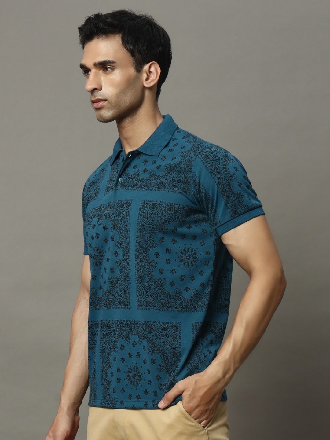 

OGEN Men Floral Printed Polo Collar Pockets T-shirt, Teal