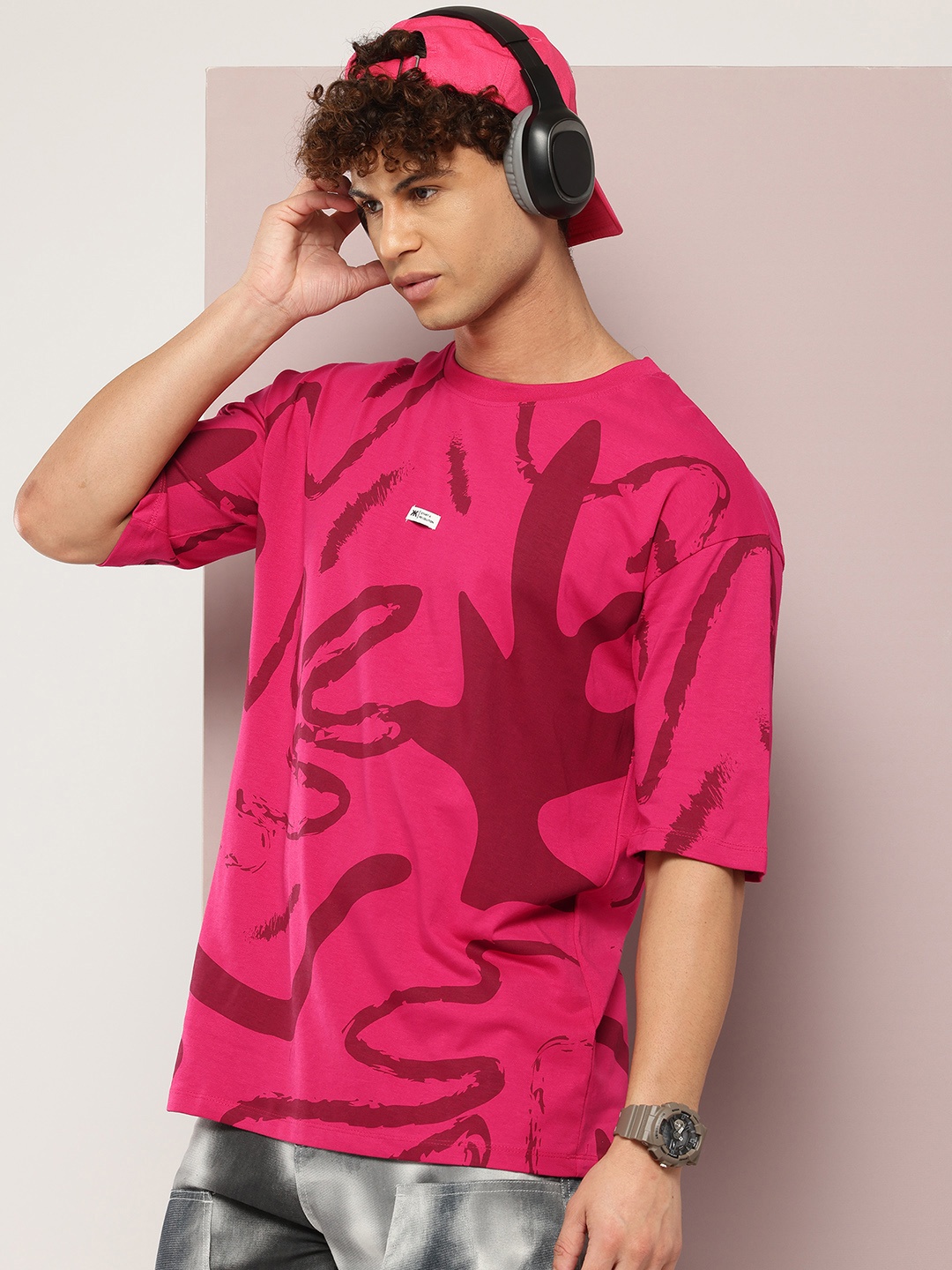 

Kook N Keech Printed Drop-Shoulder Sleeves Oversized Pure Cotton T-shirt, Fuchsia