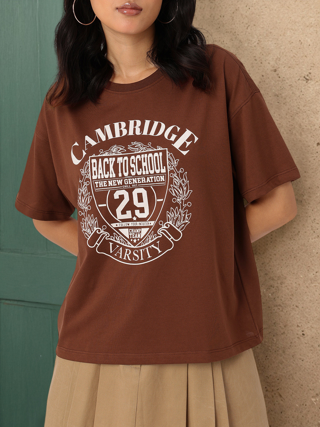 

DressBerry Timeless Touch Printed Oversized T-Shirt, Brown
