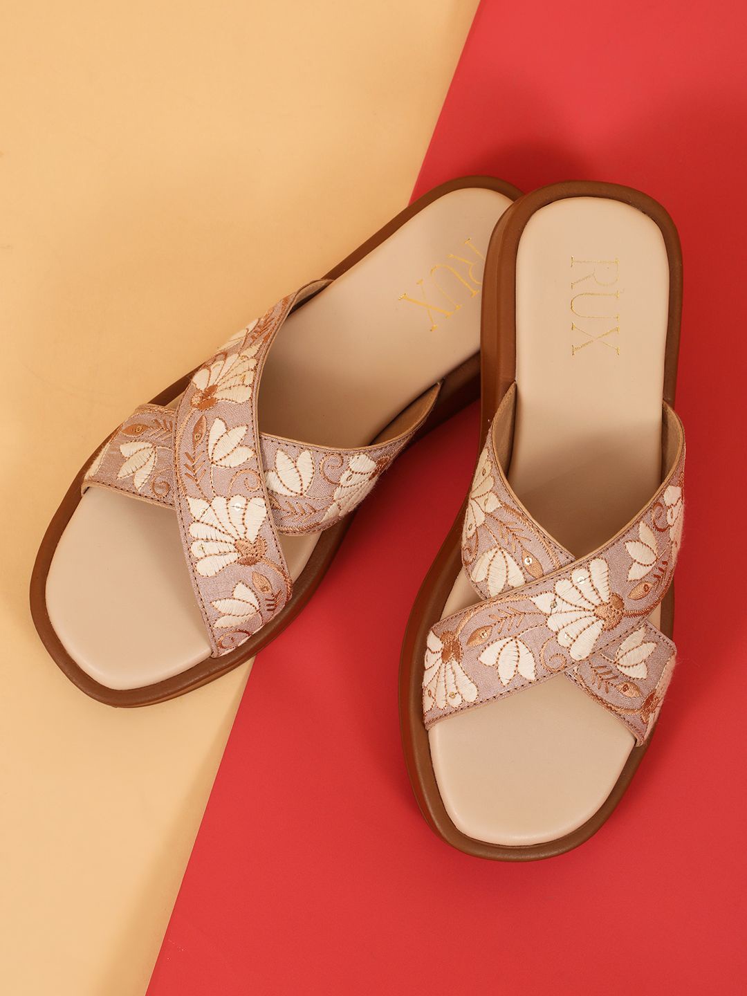 

RUXBYPAYAL Women Embroidered Open Toe Flats, Beige