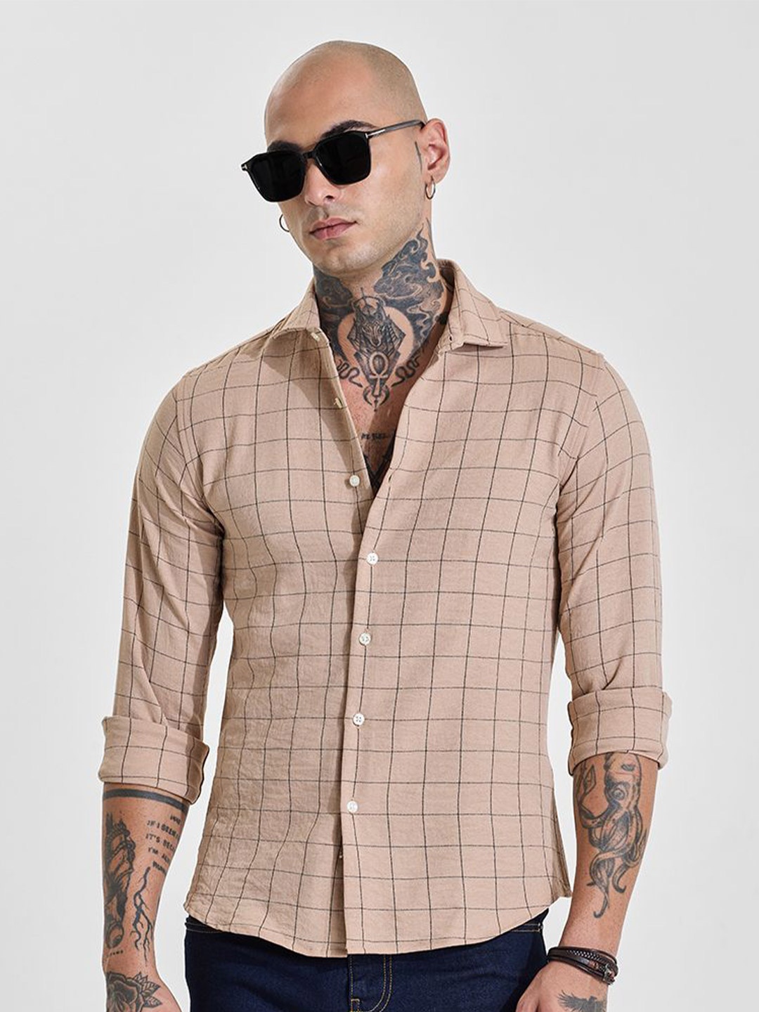 

Snitch Men Slim Fit Opaque Checked Formal Shirt, Beige