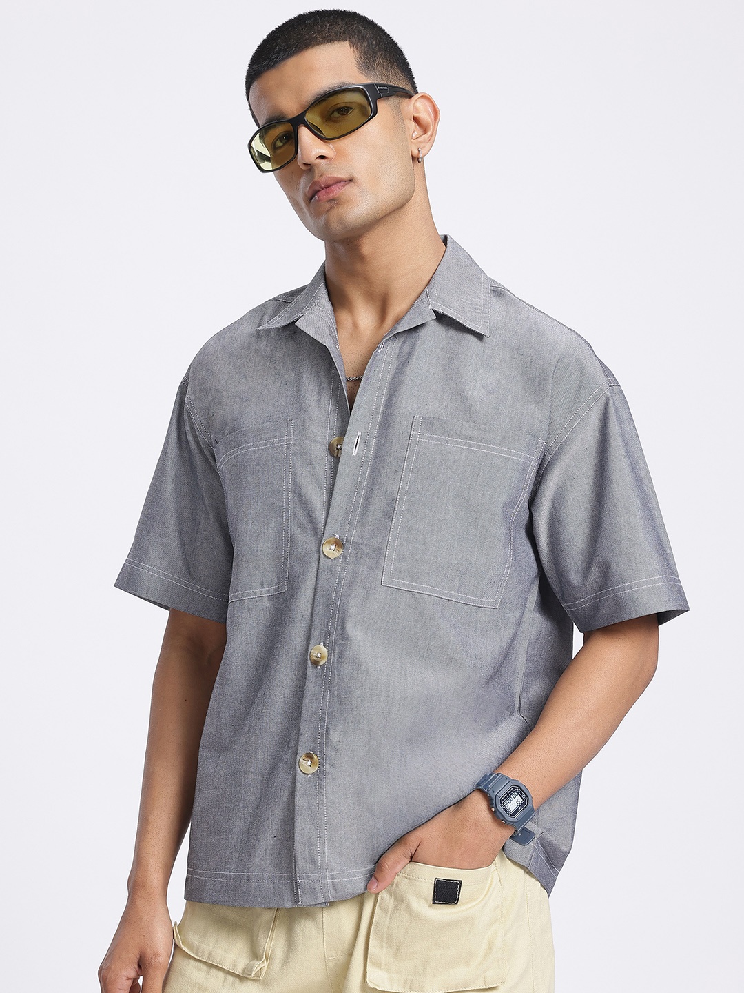 

glitchez Pocket Minimalism Oversized Shirt, Grey
