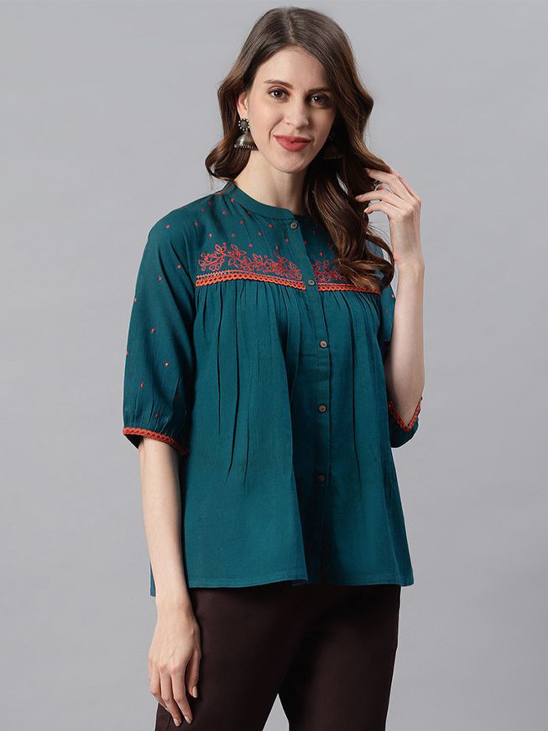 

KALINI Embroidered Mandarin Collar Puff Sleeve Top, Teal