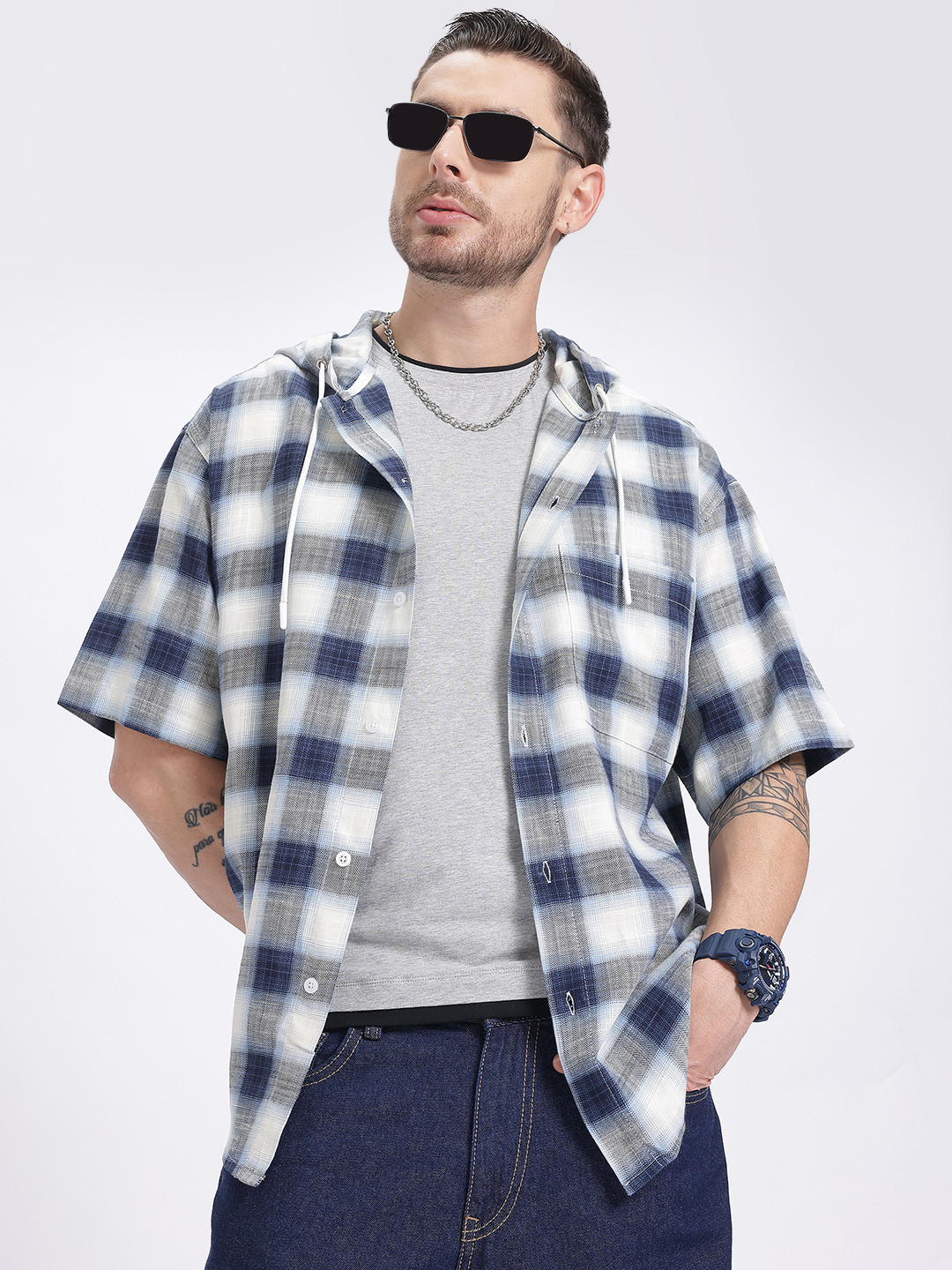 

glitchez Cozy Hood Checked Oversized Shirt, Navy blue