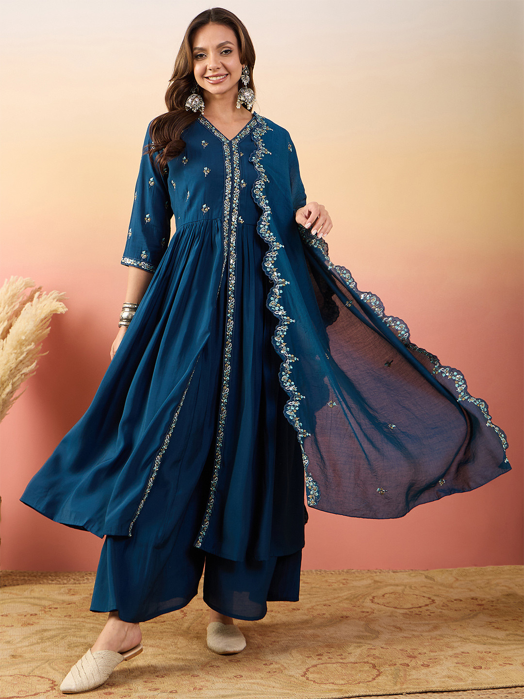 

Sangria Embroidered Kurta With Palazzos & Dupatta, Blue